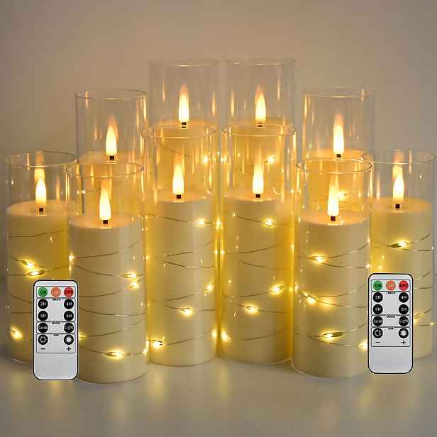 TEMU 10 ks LED svíček s vestavěným pohádkovým světelným řetězem pro svatební dekoraci, středový kousek stolu, na baterie, blikající realistické