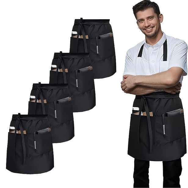 TEMU 4 ks Černé zástěry pro obsluhu s nastavitelným krkem a pasem – Odolný polyester, střední délka se 3 kapsami, ideální pro restaurace a kavárny