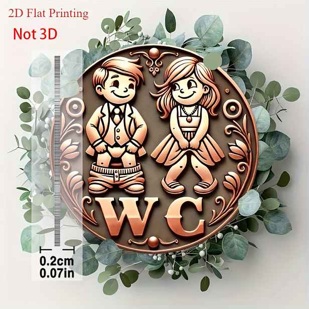 TEMU 2D Plochý, Vintage "WC" Kovový Nástěnný Obraz - 8 Palců Kulatý Odolný Klasický Design Gentlemana s Romantickým Rytím Páru, Dekorace na Zeď do