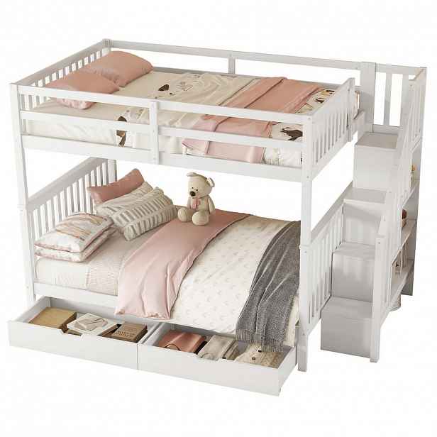 OKWISH PATROVÁ postel 140/200 cm bílá z borovice s úložnými schody a dvěma zásuvkami