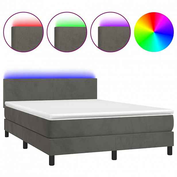 vidaXL Box spring postel s matrací a LED tmavě šedá 140x190 cm samet