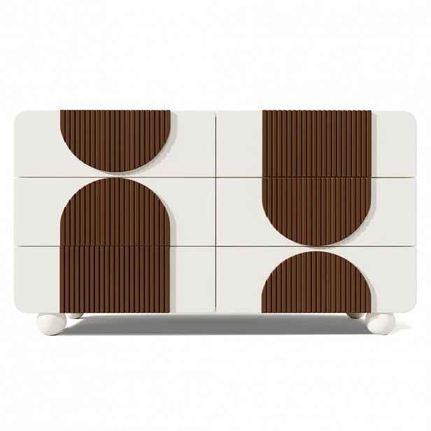 Modfu KOMODA z MDF a masivního dřeva 121x41x71 cm bílá se 6 zásuvkami, tichým pojezdem a zaobleným designem