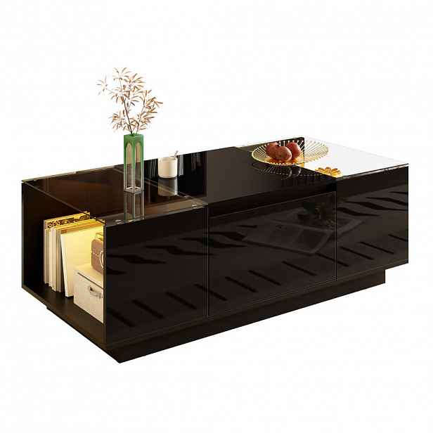 Modfu KONFERENČNÍ stolek z dřevotřísky 105x50x35 cm černý s LED osvětlením, skleněnou deskou a 2 zásuvkami
