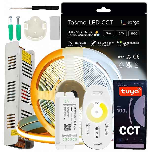 Sada Led pásků Neon Cob 24V 5 m Cct 2700K-6500K Bílá Wifi Tuya Dálkový Ovladač Rf