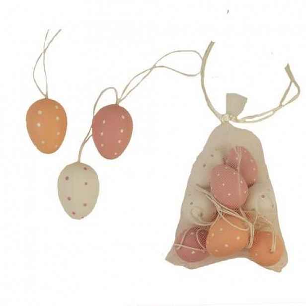 Ozdoba vejce dekor puntíky 9ks plast bílá/oranžová/růžová 4cm