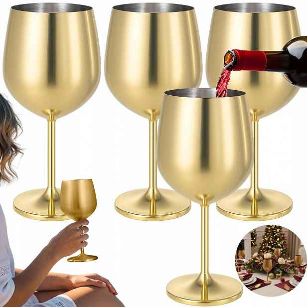 Skleničky Na Víno Zlaté Ocelové Kovové Sada 4 Ks 500ML Nerozbitné