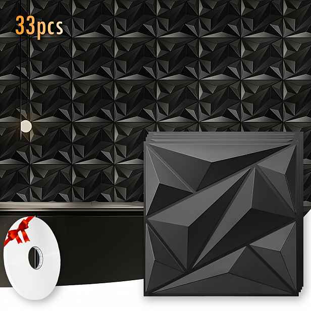 TEMU 33ks 3D Nástěnné Panely, Úhlový Design se Zirkony, 30x30cm (11,8''x11,8''), Černobílé Dekorativní Panely pro Moderní Akcentní Stěny v Obývacím