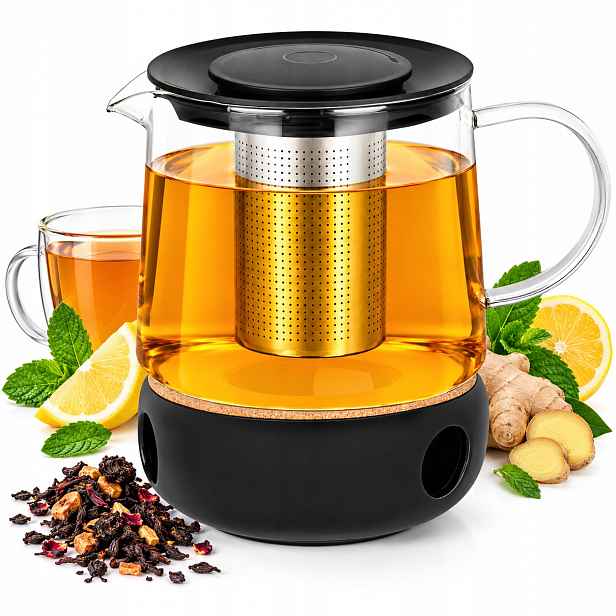 Konvice na čaj skleněná na bylinky ocelové sítko 1,5 l Ohřívač