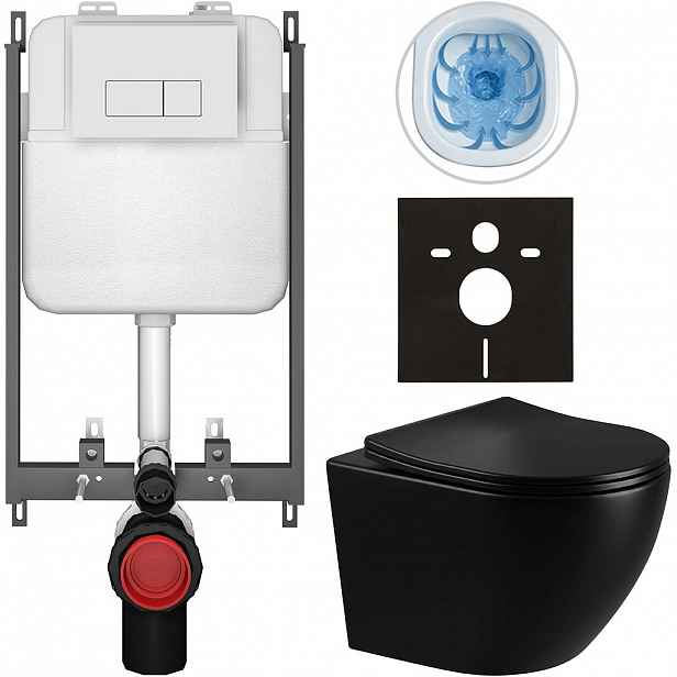 Kompletní WC set Basic/Cesso - černá lesklá - WC tlačítko Modulo/Bílá - pro zazdění - 49x36 cm
