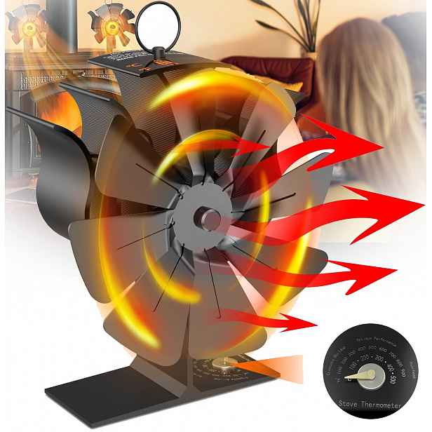 Termoelektrický Krbový Ventilátor Napájený Teplem, 8-LOPATKOVÝ, Černý