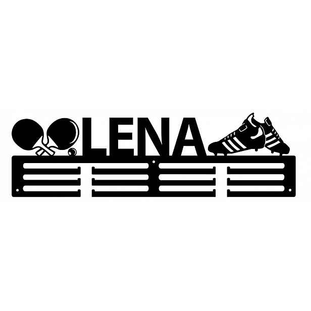 Věšák držák na medaile háček Jméno nápis logo Černý Tenis Fotbal