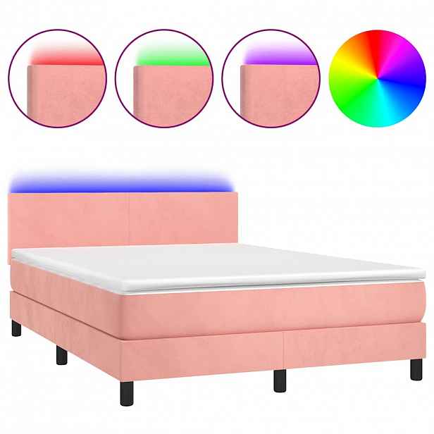 vidaXL Box spring postel s matrací a LED růžová 140x190 cm samet
