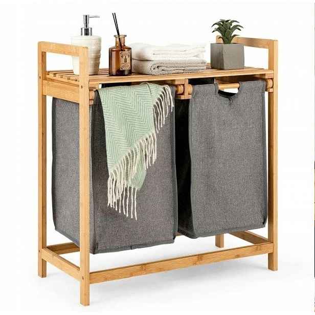 Bambusový koš na prádlo 2-komorový Bamboo koupelna, bílá barva, sáčky