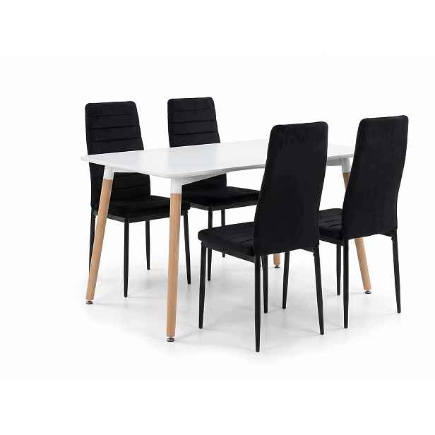 Jídelní set 120x80 cm, bílý stůl s bukovými nohami 4 černé sametové židle Axell