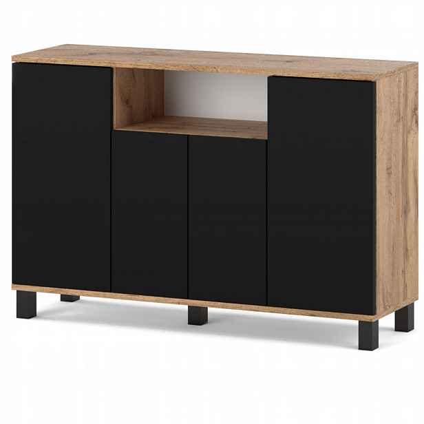 Komoda 120 CM Dub Wotan Černá 4 Dvířka Moderní Rtv Loftová Skříňka Do Obývacího Pokoje
