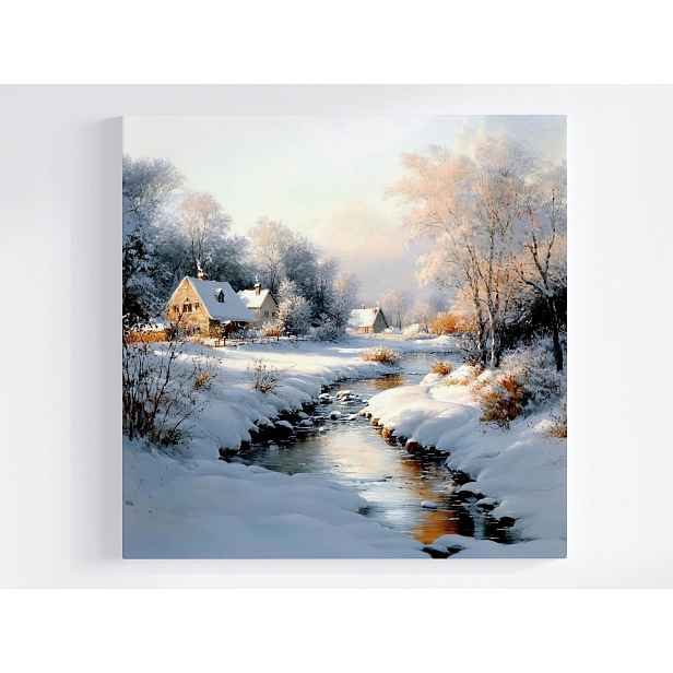 Obraz Na Plátně Canvas Krajina Zima Sníh Vesnice Řeka Potok 50x50