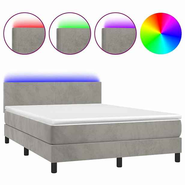 vidaXL Box spring postel s matrací a LED světle šedá 140x200 cm samet
