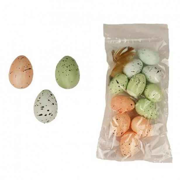 Ozdoba vejce kropenatá 12ks plast bílá/oranžová/zelená 18cm