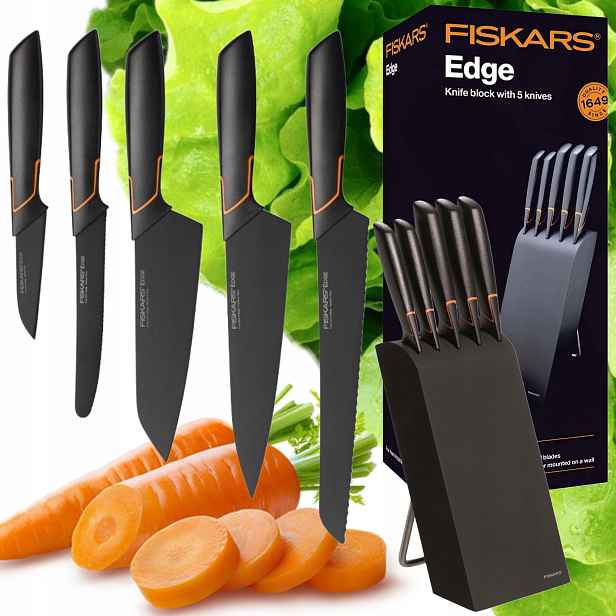 Sada 5 Nožů V Bloku Fiskars Edge Komplet Nože Kuchyňské Černé Ostré Pevné