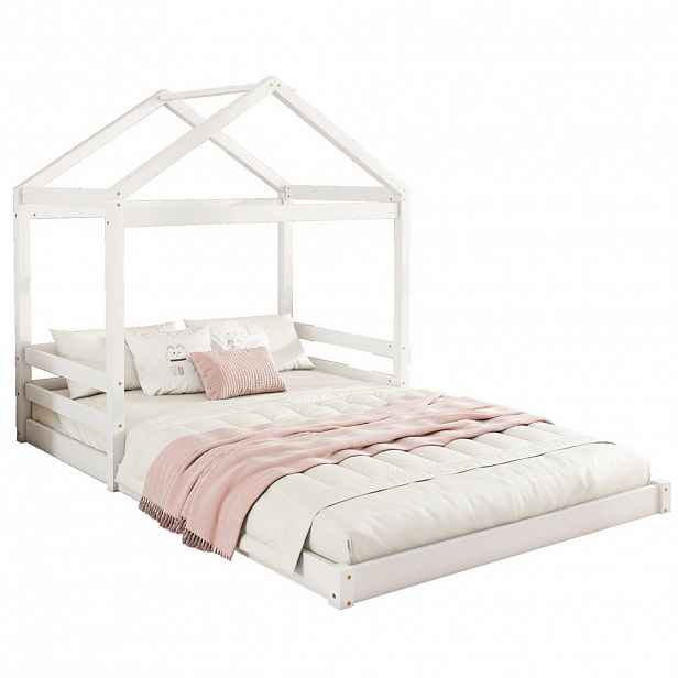 OKWISH DĚTSKÁ postel domeček 140/200 cm bílá z borovice s lamelovým roštem