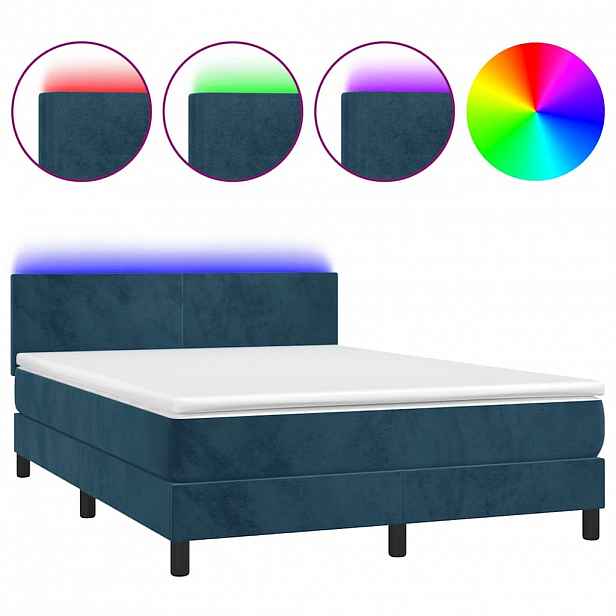 vidaXL Box spring postel s matrací a LED tmavě modrá 140x200 cm samet