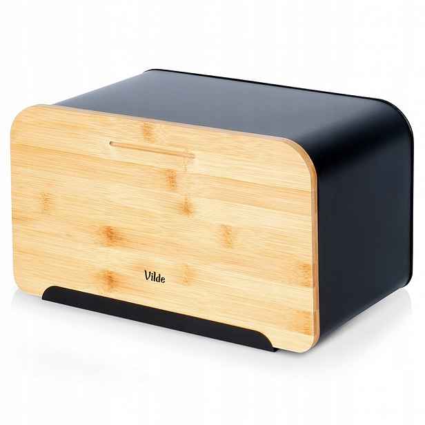 Kovový Chlebník S Bambusovou Deskou, Černá Nádoba Na Pečivo, Moderní Design