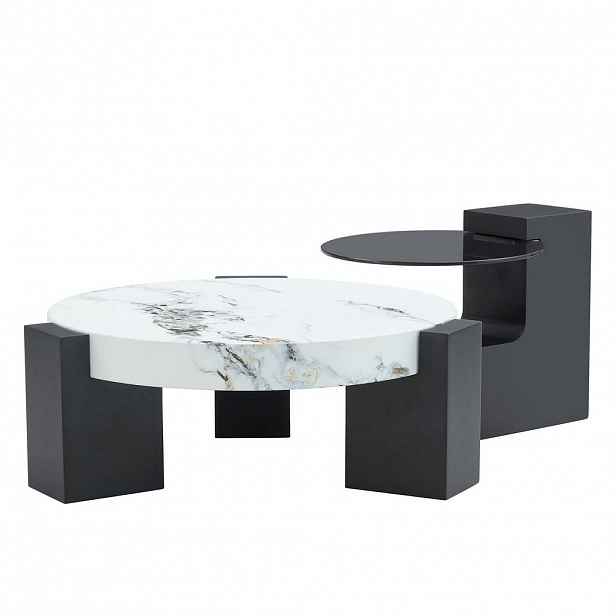 Modfu ODKLÁDACÍ stolek z MDF a skla 61x61x30 cm bílá/černá, sada 2 ks s mramorovým dekorem a variabilním použitím