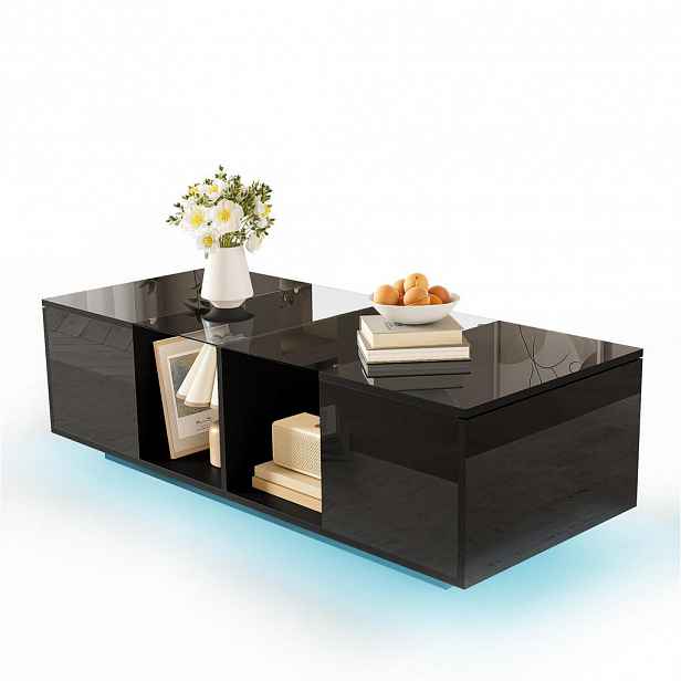 Modfu KONFERENČNÍ stolek z MDF, skla a dřevotřísky 120x50x38,5 cm černý s LED osvětlením a úložným prostorem