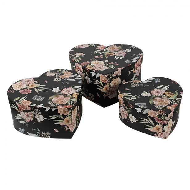 3ks černý box s květy ve tvaru srdce - 28*26*14/24*23*12/21*20*10 cm Clayre & Eef