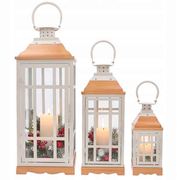Bílé lucerny ze skleněných dřevěných vánočních lamp jako dárek, 3 ks