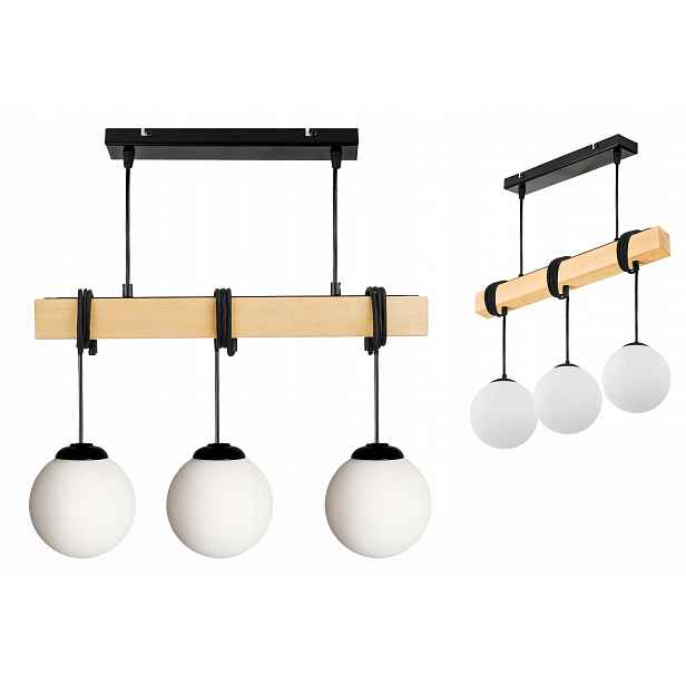 Dřevěná závěsná stropní lampa Lustr Zwis Black Kula Sklo 3xE27