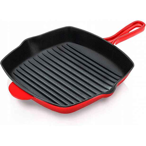 Litinová Smaltovaná Grilovací Pánev 28 CM Červená Nutrichef, Indukce A Plyn