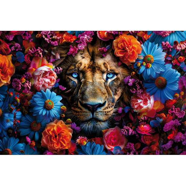 Obraz na plátně Lev v květinách, 90x60 cm