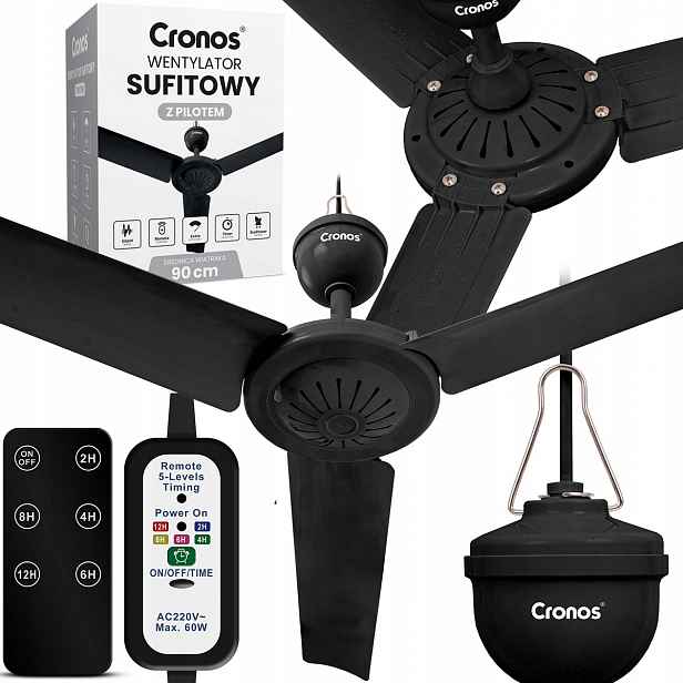 Stropní ventilátor s vrtulí Tichý Černý Větrák 90cm Dálkový Ovladač Časovač