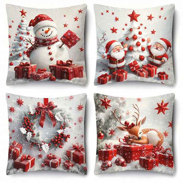 TEMU 4ks, 4ks sada moderních vánočních povlaků na polštáře - 18x18 palců, polyester, design se zipem, pratelné v pračce, červený a sněhulák vánoční ,