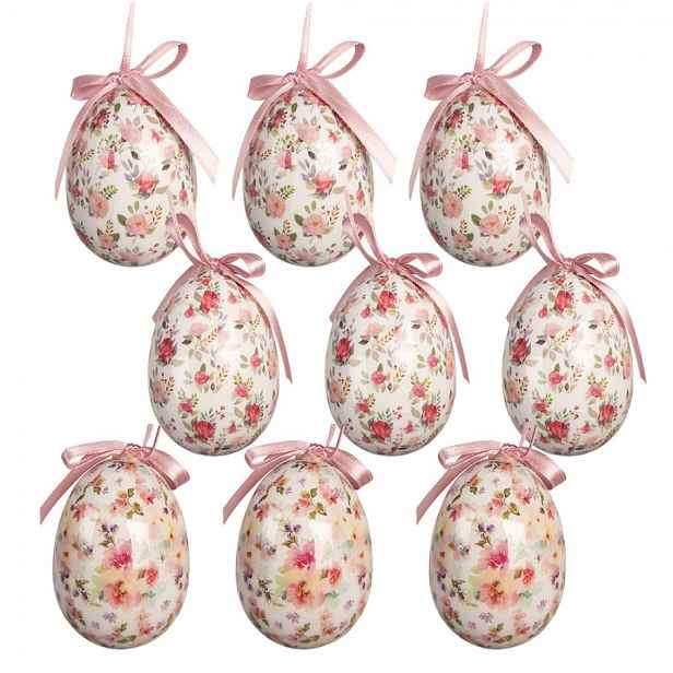 9ks dekorace bílé závěsné vajíčko s květy Spring Egg - Ø 5*8 cm Clayre & Eef