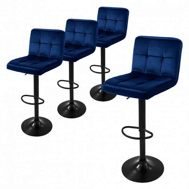 ML-DESIGN SADA 4 barových židlí, modré, sametové, výškově nastavitelné/otočné