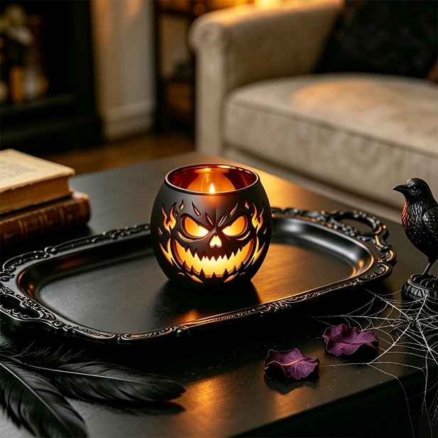 TEMU Halloweenský svícen na Jack-O'-Lantern, matná černá vyřezávaná dýňová svíčka, strašidelný gotický stolní akcent pro sváteční styling domova