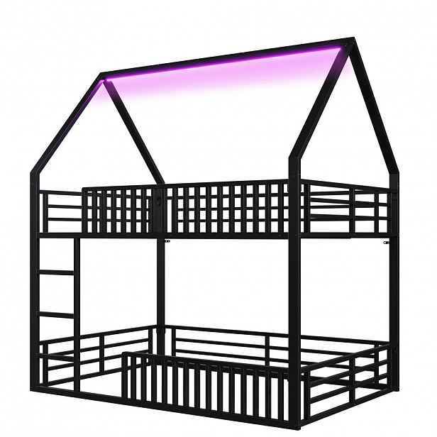 OKWISH PATROVÁ postel 140/200 cm černá z kovu s domečkovým rámem, zábradlím a LED osvětlením