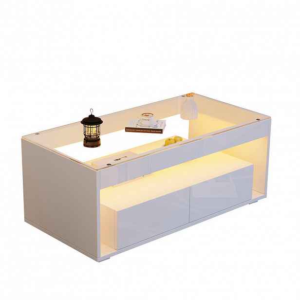 Modfu KONFERENČNÍ stolek z dřevotřísky 100x50x40 cm bílý s LED osvětlením, tvrzeným sklem a 2 zásuvkami