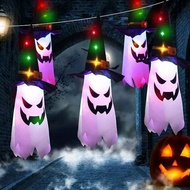 Halloweenská dekorace, 5 kusů závěsných duchů se světelnými řetězy