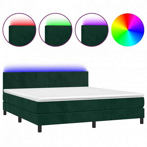 vidaXL Box spring postel s matrací a LED tmavě zelená 180x200 cm samet