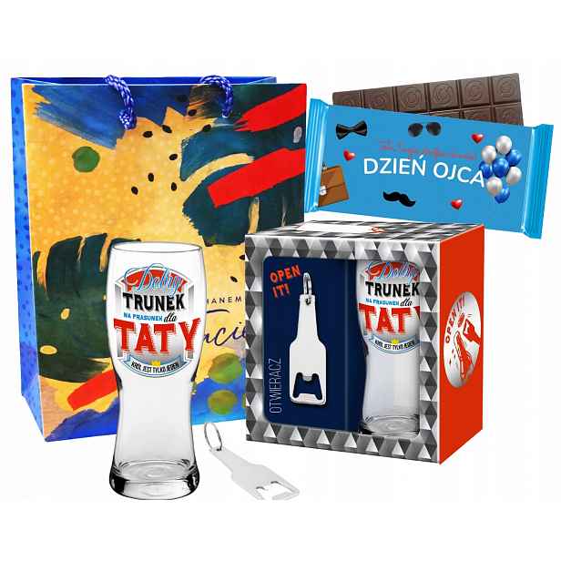 Box Sada dárků ke Dni Otců Pivní Sklenice na pivo Otvírák Čokoláda Taška