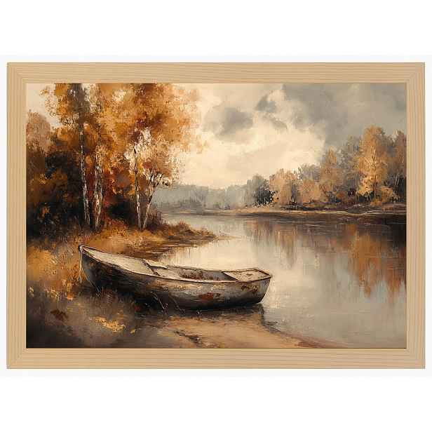 Plakát Rámeček Dřevo Podzimní Krajina Loďka Řeka Zlatá Podzim 80x60