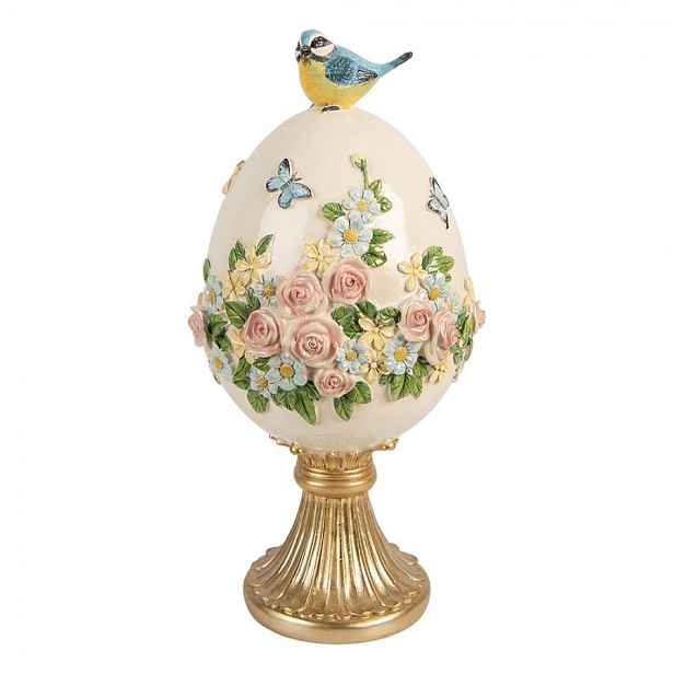 Béžovo-zlatá dekorace vajíčko s květy a ptáčkem - Ø 16*33 cm Clayre & Eef