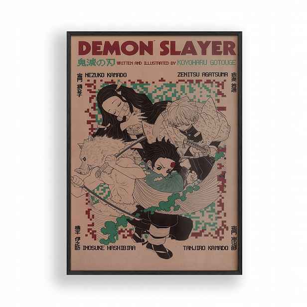 Obraz Demon Slayer Tanjiro Nezuko Zenitsu Plakát Rámeček Dřevěný 30x42 cm