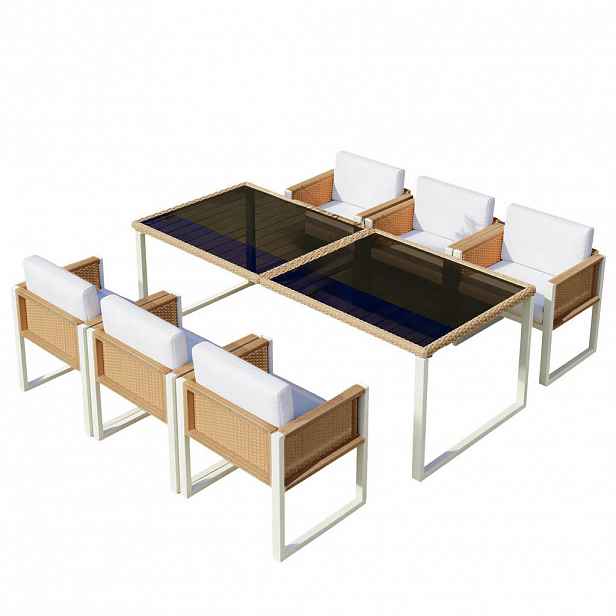 OKWISH ZAHRADNÍ jídelní set 170/80/75 cm hnědá a bílá z ratanu a látky se 6 židlemi