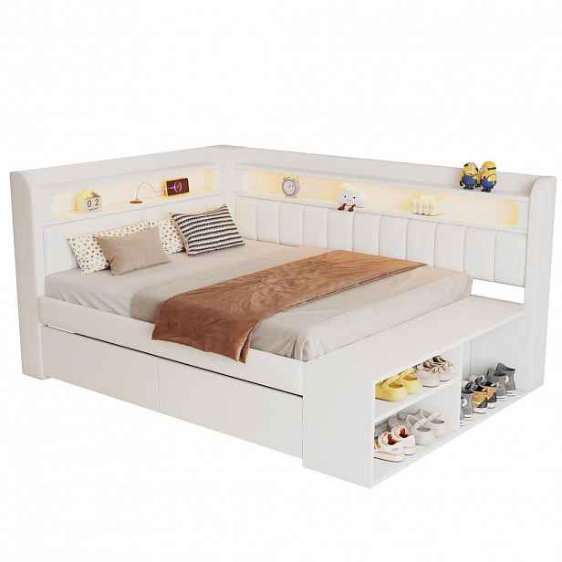 Redom POSTEL 90/200 cm s LED osvětlením, USB portem, úložnými zásuvkami a botníkem, Bílá