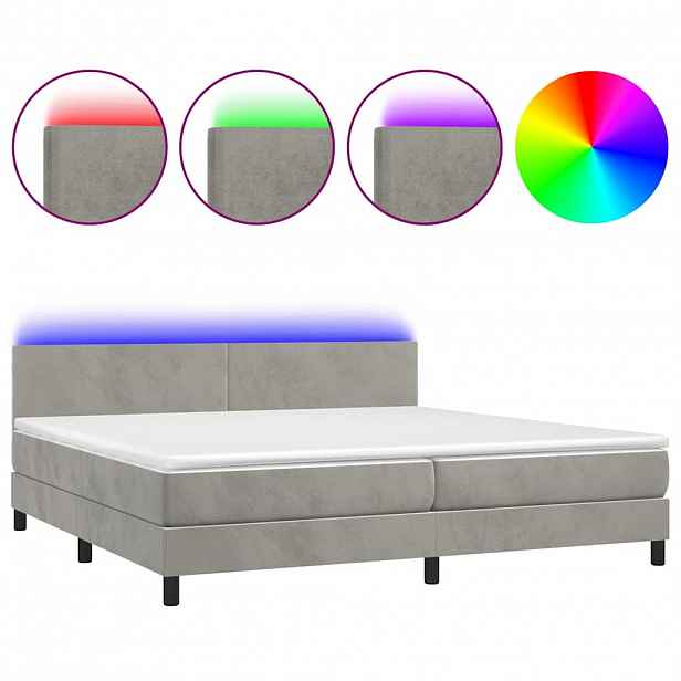 vidaXL Box spring postel s matrací a LED světle šedá 200x200 cm samet