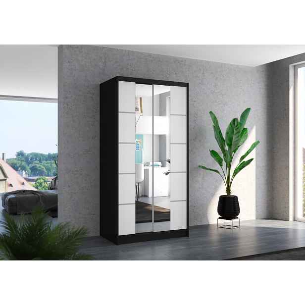 Šatní skříň se zrcadlem 100 cm CADORA - černá / bílá